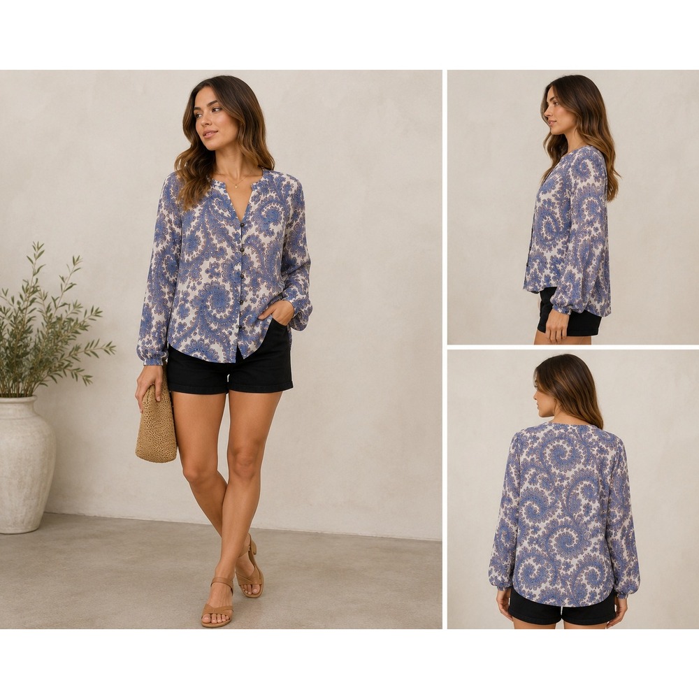 Lucky Brand Rayon Paisley Button Down Blouse Blue Cream Boho Medium
